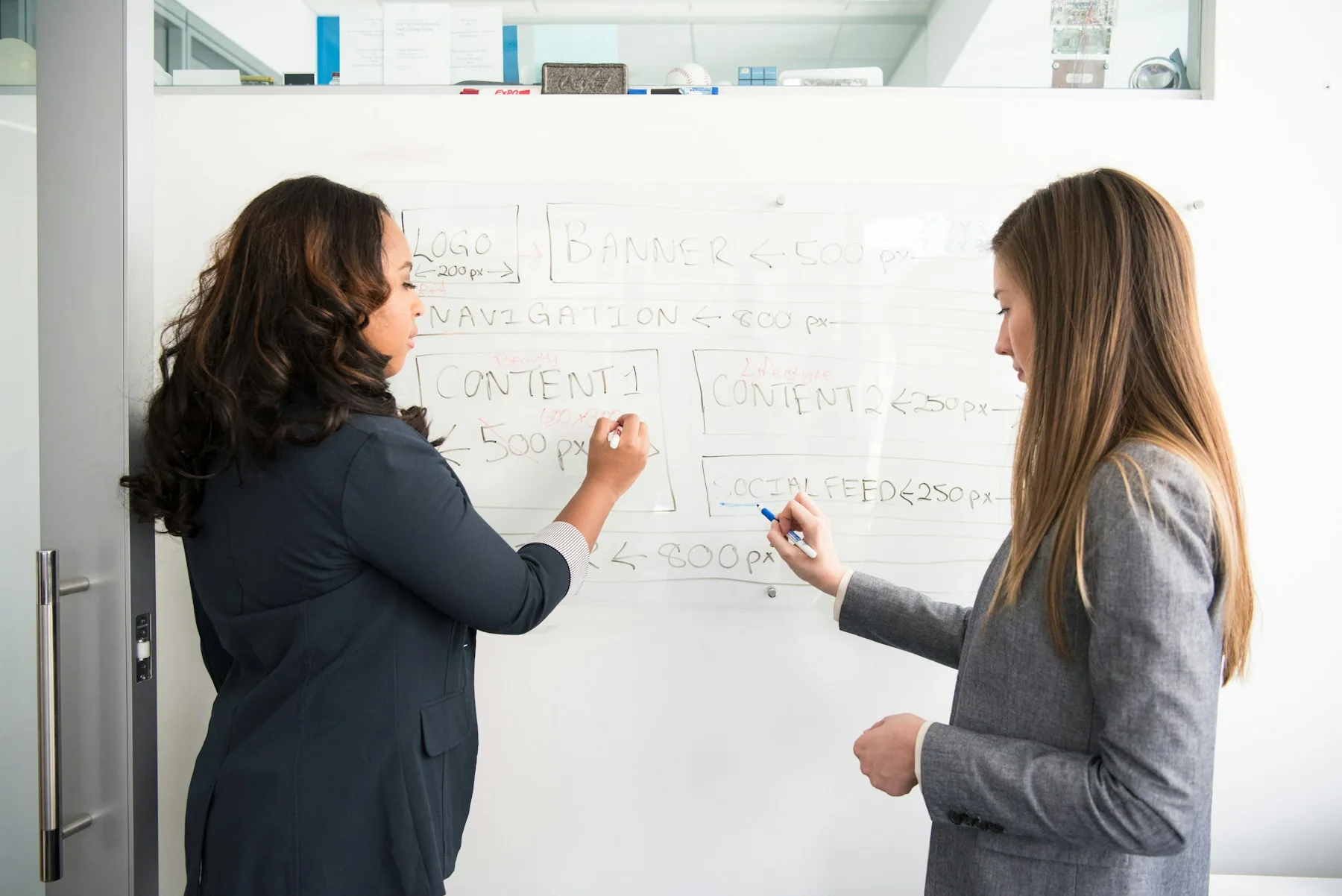 Two professionals mapping work on a whiteboard